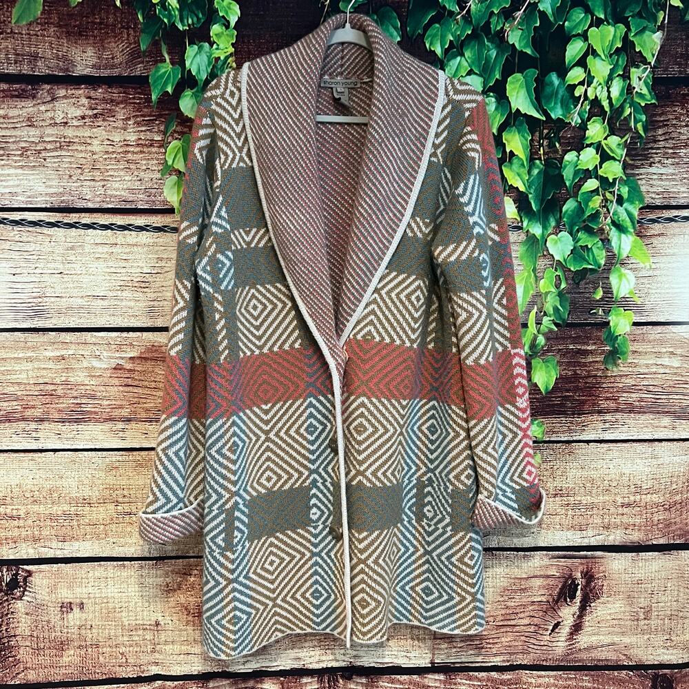 Sharon Young Aztec Cardigan Large Sweater Chevron Colorblock Boho Lapel Collar